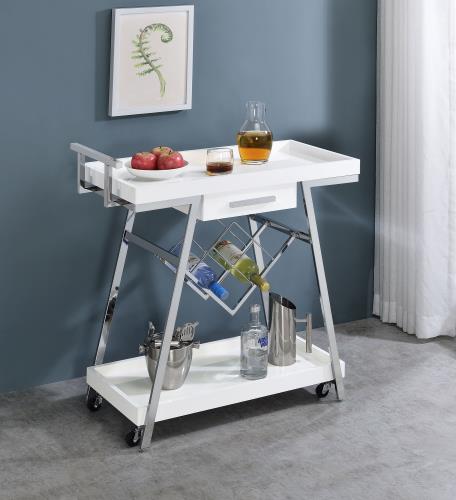 coaster-bar-game-Kinney-2-tier-Bar-Cart-with-Storage-Drawer-White-High-Gloss-and-Chrome