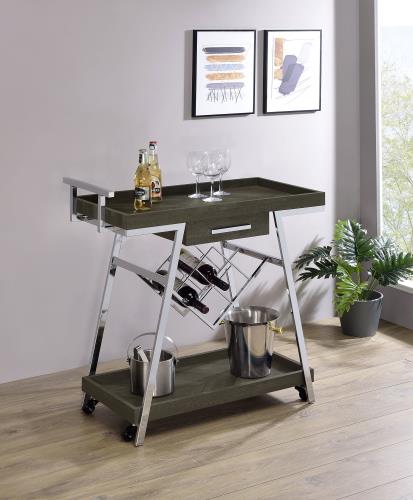 coaster-bar-game-Kinney-2-tier-Bar-Cart-with-Storage-Drawer-Rustic-Grey-and-Chrome