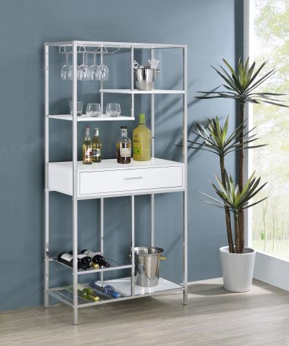 coaster-bar-game-Figueroa-5-shelf-Wine-Cabinet-with-Storage-Drawer-White-High-Gloss-and-Chrome