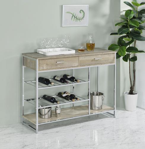 coaster-bar-game-Melrose-2-shelf-Wine-Cabinet-with-2-Drawers-Gray-Washed-Oak-and-Chrome