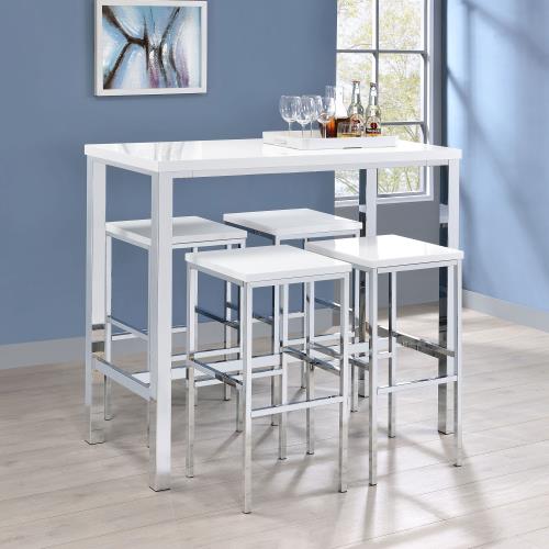 coaster-kitchen-dining-Natividad-5-piece-Bar-Set-White-High-Gloss-and-Chrome