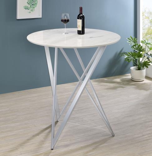 coaster-bar-tables-kitchen-dining-Bexter-Faux-Marble-Round-Top-Bar-Table-White-and-Chrome