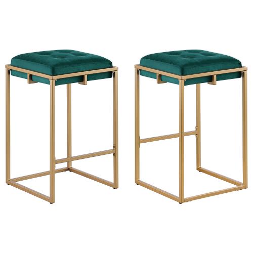 coaster-bar-stools-chairs-kitchen-dining-Nadia-Square-Padded-Seat-Counter-Height-Stool-(Set-of-2)-Hunter-Green-and-Gold