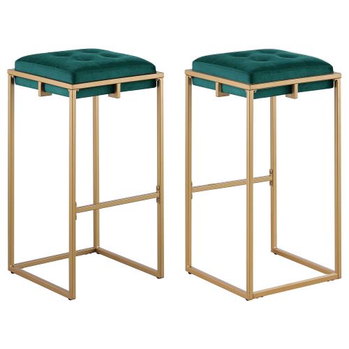 coaster-bar-stools-chairs-kitchen-dining-Nadia-Square-Padded-Seat-Bar-Stool-(Set-of-2)-Hunter-Green-and-Gold