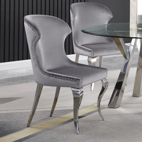 coaster-kitchen-dining-Cheyanne-Upholstered-Wingback-Side-Chair-with-Nailhead-Trim-Chrome-and-Grey-(Set-of-2)-hover