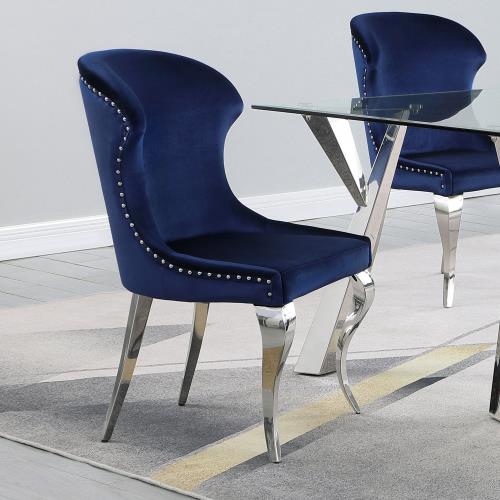 coaster-kitchen-dining-Cheyanne-Upholstered-Wingback-Side-Chair-with-Nailhead-Trim-Chrome-and-Ink-Blue-(Set-of-2)-hover