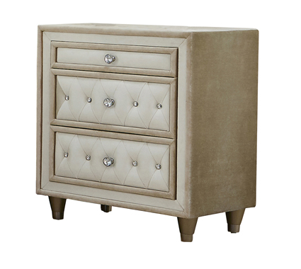 coaster-bedroom-Antonella-3-drawer-Upholstered-Nightstand-Ivory-and-Camel