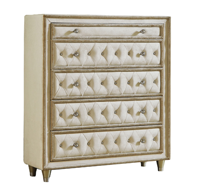 coaster-bedroom-Antonella-5-drawer-Upholstered-Chest-Ivory-and-Camel