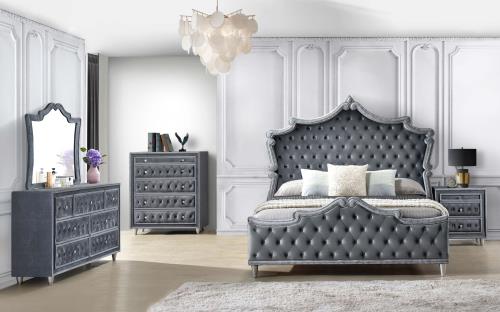 coaster-bedroom-Antonella-5-Piece-Eastern-King-Upholstered-Tufted-Bedroom-Set-Grey