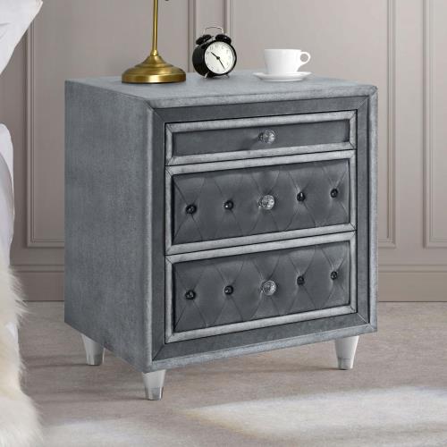 coaster-bedroom-Antonella-3-drawer-Upholstered-Nightstand-Grey