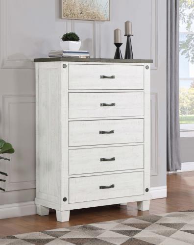 coaster-bedroom-Lilith-5-drawer-Chest-Distressed-Grey-and-White