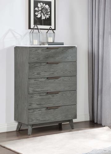 coaster-bedroom-Nathan-5-drawer-Chest-White-Marble-and-Grey