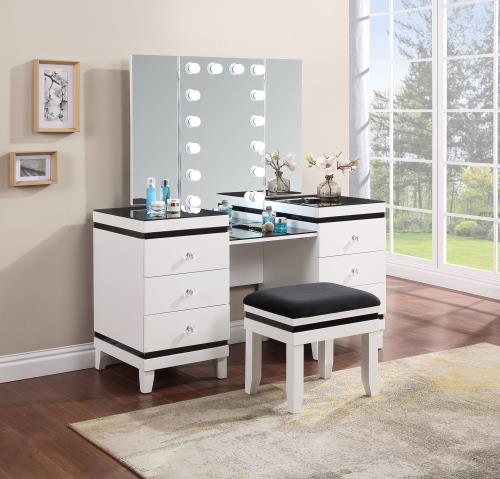 coaster-bedroom-Talei-6-drawer-Vanity-Set-with-Hollywood-Lighting-Black-and-White