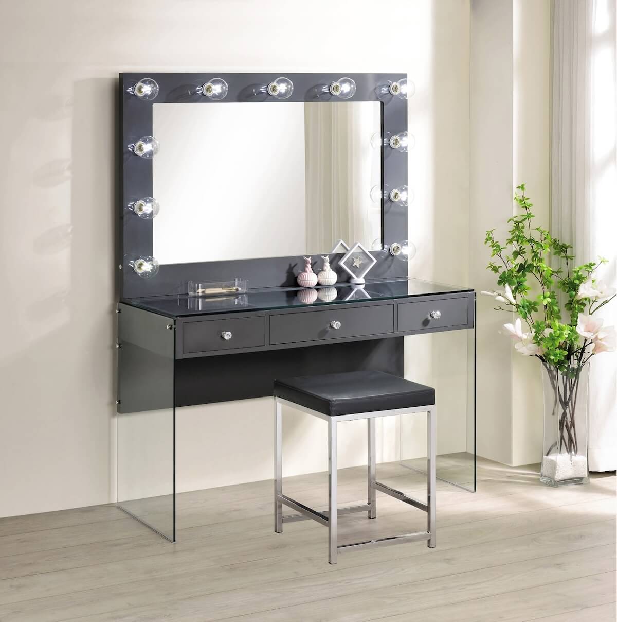 Modern makeup vanity: Afshan 3-drawer Vanity Desk with Lighting Mirror Grey High Gloss