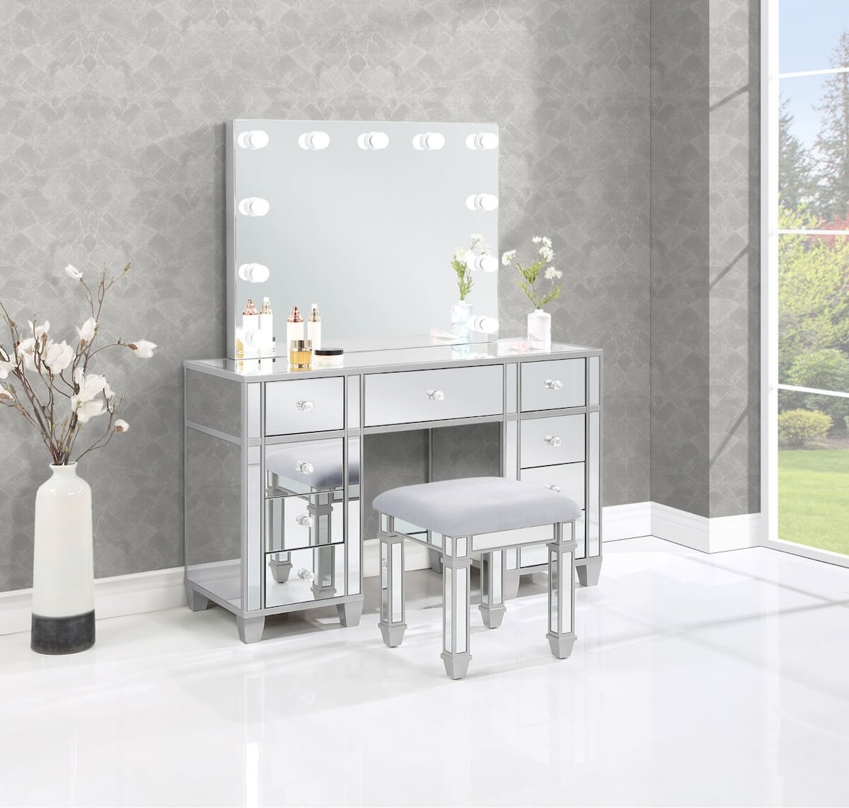 Modern makeup vanity: Allora 9-drawer Mirrored Storage Vanity Set with Hollywood Lighting Metallic
