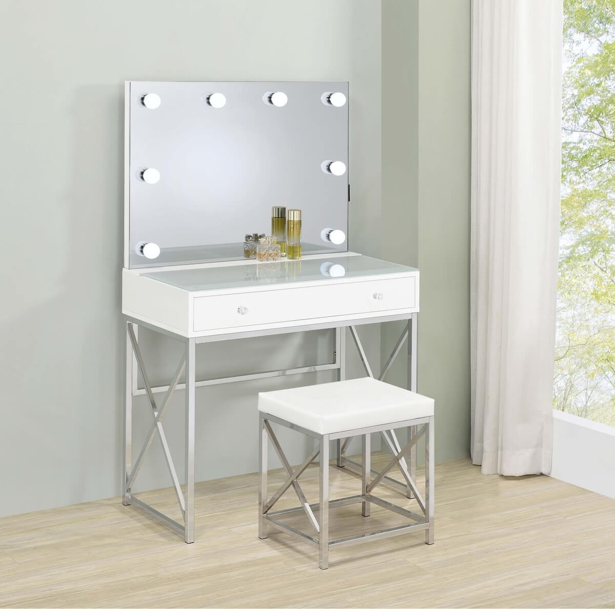 Modern makeup vanity: Eliza 2-piece Vanity Set with Hollywood Lighting White and Chrome
